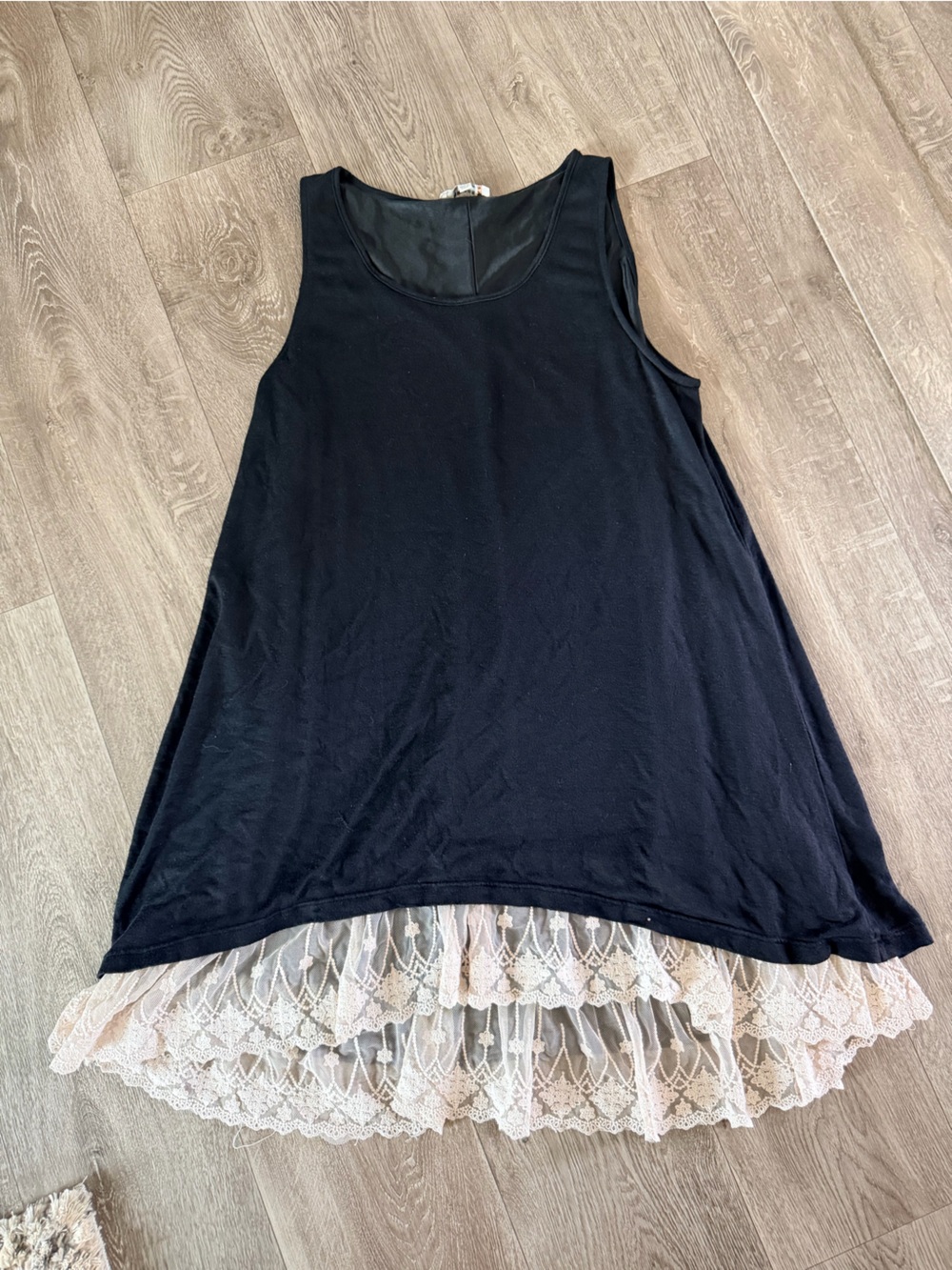 Umgee Black Tank Slip Dress with Cream Lace Hem
